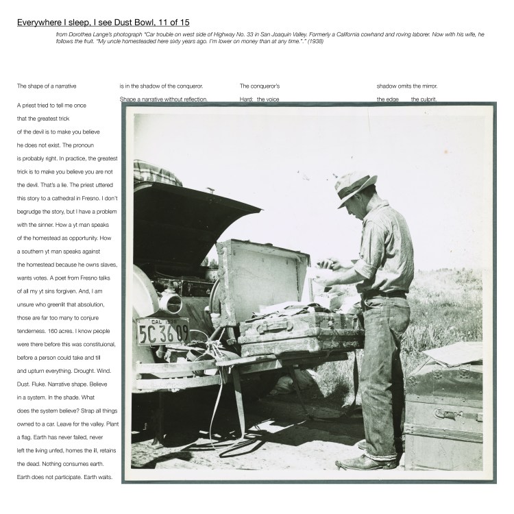 Multimedia collage: from Dorothea Lange’s photograph “Car trouble on west side of Highway No. 33 in San Joaquin Valley. Formerly a California cowhand and roving laborer. Now with his wife, he follows the fruit. “My uncle homesteaded here sixty years ago. I’m lower on money than at any time.”.” (1938)
