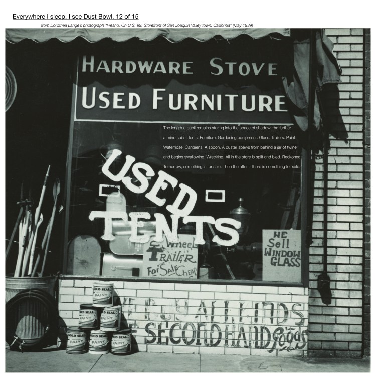 Multimedia collage: From Dorothea Lange’s photograph “Fresno. On U.S. 99. Storefront of San Joaquin Valley town. California” (May 1939)