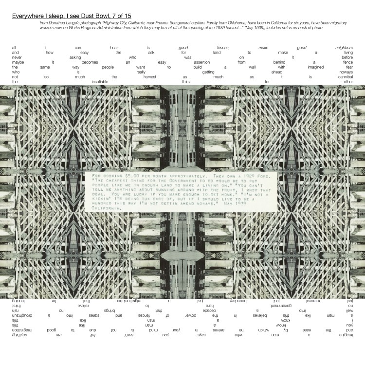 Multimedia collage, "from Dorothea Lange’s photograph “Highway City, California, near Fresno. See general caption. ... (May 1939)"