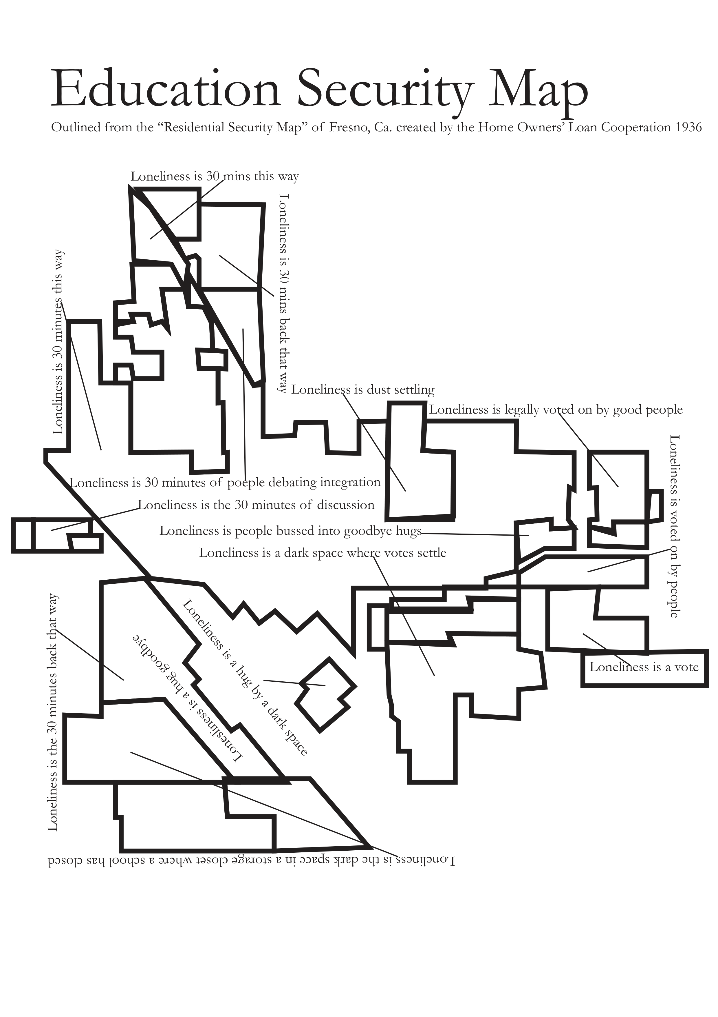 On an 8X11 white canvas the words Education Security Map are in large font across the top. It has a subtitle/note: “Outlined from the “Residential Security Map” of Fresno, Ca. created by the Home Owners’ Loan Cooperation 1936” There is a large outline of this on the page. There are lines pointing to different areas of the map connected to short phrases. They read as follows:
Loneliness is 30 mins this way
Loneliness is 30 mins back that way
Loneliness is dark space in a storage closet
Loneliness is dust settling
Loneliness is a hug a goodbye
Loneliness is legally voted on by good people
Loneliness is voted on by people
Loneliness is 30 mins of people debating integration
Lonesliness is the 30 mins of discussion
Loneliness is a vote
Loneliness is a dark space where votes settle
Loneliness is people bussed into goodbye hug
Loneliness is a hug by a dark space
Loneliness is the 30 mins this way
Loneliness is the 30 mins back that way