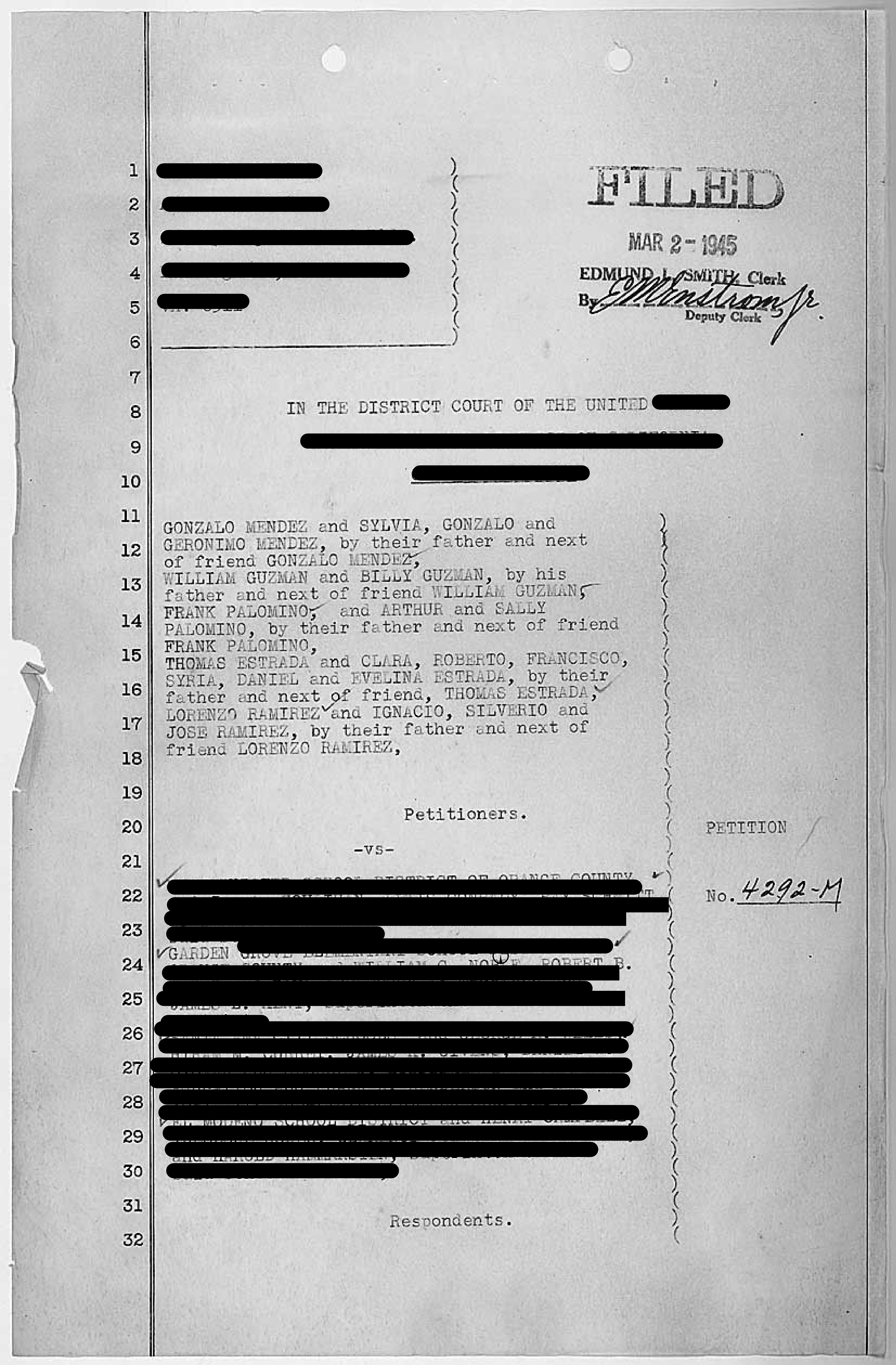 This is page 1 of 9 of a redacted legal document: the Petition Filed by the Parents of the Students in Mendez V Westminster School District (3/2/1945)

(continued in next image)