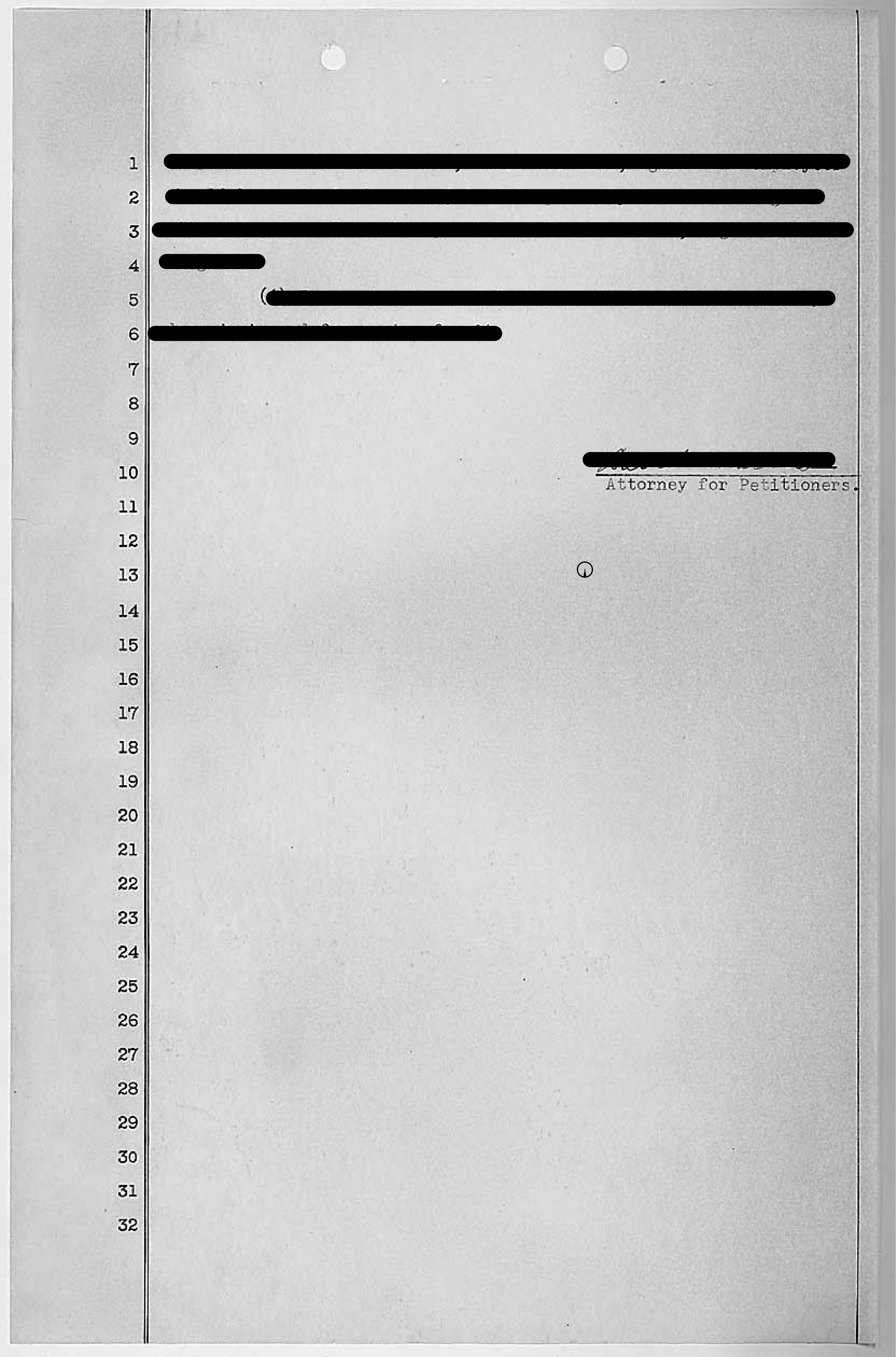 This is page 9 of 9 of a redacted legal document: the Petition Filed by the Parents of the Students in Mendez V Westminster School District (3/2/1945)

Attorney for Petitioners