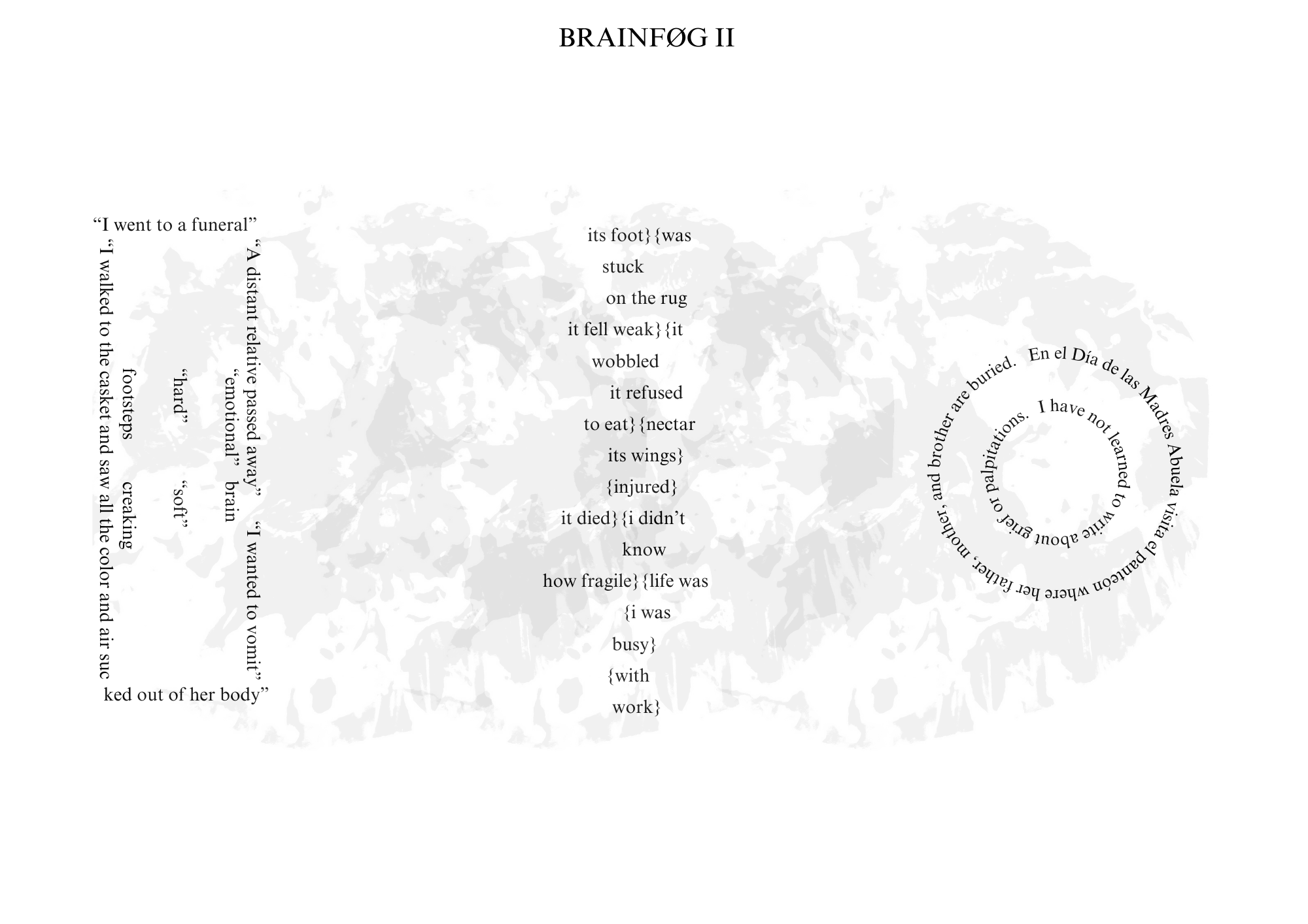 The second of two images is a visual poem with a title that reads: BRAINFØG II.
There is a multi-shaded gray image unfolding like a burst behind the words. The poem’s orientation is landscape.
On the left-hand side of the poem, the text forms the shape of a box and it reads:
“I went to a funder”
“A distant relative passed away” “I wanted to vomit”
“I walked to the casket and saw all the color and air suc
ked out of her body”
Inside the box, the text reads:
“emotional” brain
“hard” “soft”
footsteps cracking
In the center of the poem, there is vertical text that reads:
its foot} {was
stuck
on the rug
it fell weak} {it
wobbled
it refused
to eat} {nectar
its wings}
{injured}
it died} {i didn’t
know
how fragile} {life was
{i was
busy}
{with
work}
On the right-hand side of the poem, the text forms the shape of two concentric circles, and the outer circle reads:
En el Día de las Madres Abuela visita el panteón where her father, mother, and brother are buried.
The inner circle text reads:
I have not learned to write about grief or palpitations.
