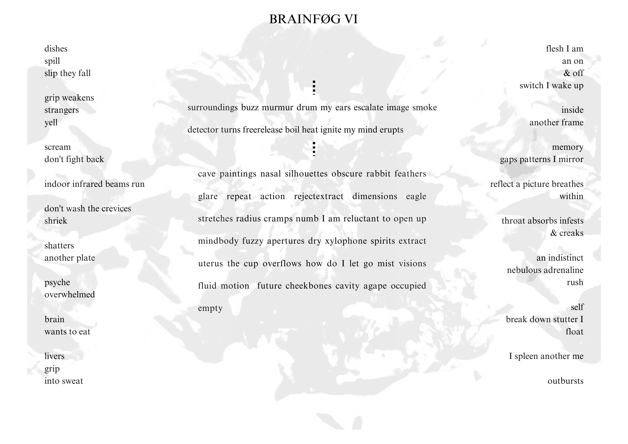 Visual poem with a title that reads: BRAINFØG VI.


There is a light gray, blooming image behind the words. The poem’s orientation is landscape.


On the left-hand side of the poem, the text reads:

dishes
spill
slip they fall

grip weakens
strangers
yell

scream
don’t fight back

indoor infrared beams run

don’t wash the crevices
shriek

shatters
another plate

psyche
overwhelmed

brain
wants to eat

livers
grip
into sweat


In the center of the poem, the text reads:

surroundings buzz murmur drum my ears escalate image smoke
detector turns freerelease boil heat ignite my mind erupts

cave paintings nasal silhouettes obscure rabbit feathers
glare repeat action rejectextract dimensions eagle
stretches radius cramps numb I am reluctant to open up
mindbody fuzzy apertures dry xylophone spirits extract
uterus the cup overflows how do I let go mist visions
fluid motion future cheekbones cavity agape occupied
empty


On the right-hand side of the poem, the text reads:

flesh I am
an on
& off
switch I wake up

inside
another frame

memory
gaps patterns I mirror

reflect a picture breathes
within

throat absorbs infests
& creaks

an indistinct
nebulous adrenaline
rush

self
break down stutter I
float

I spleen another me

outbursts